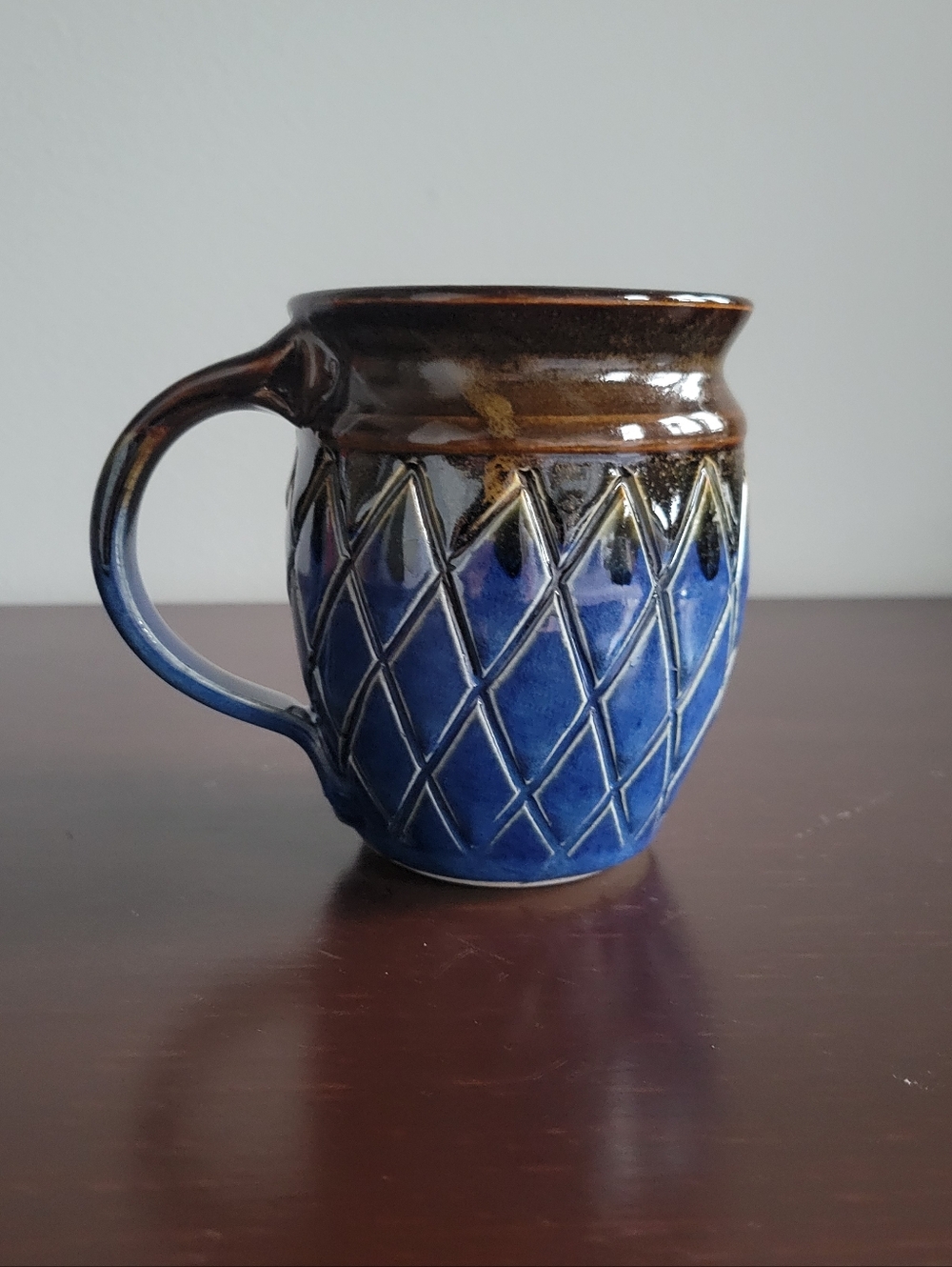 Blue and Brown Ceramic Diamond-Textured Mug, 12oz